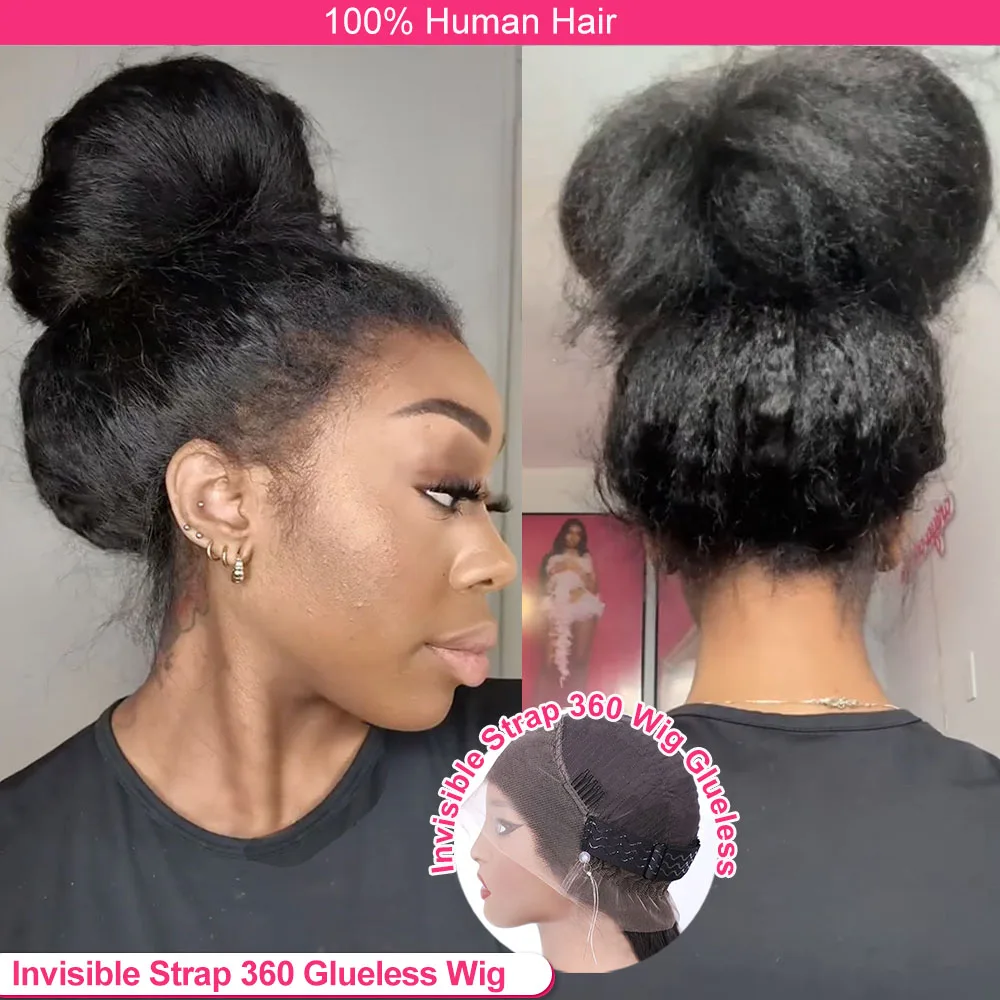 Yaki-peluca recta Invisible con cordón, ajuste cómodo, encaje completo 360, sin pegamento, cabello humano liso y rizado, peluca con malla frontal de 30 pulgadas