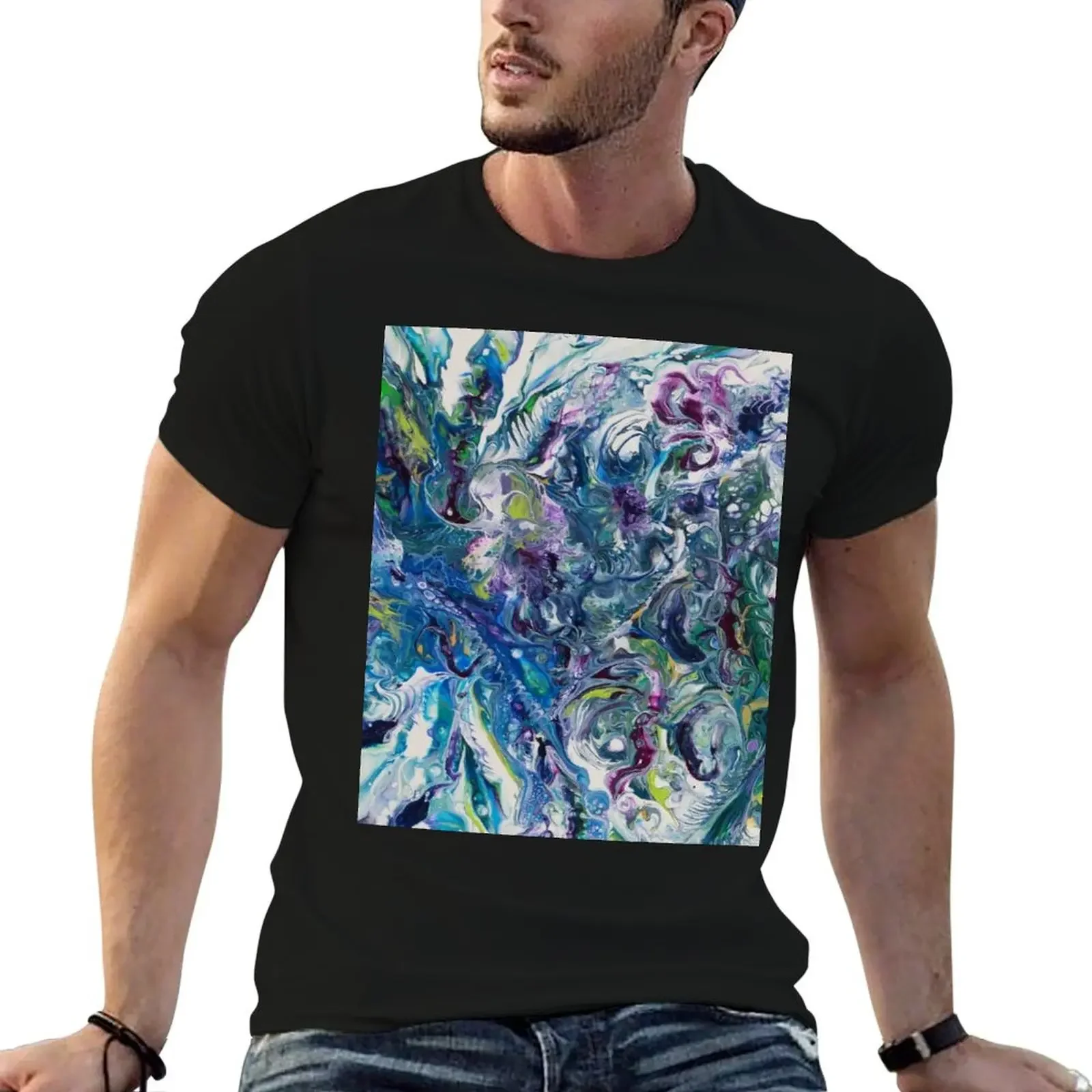 Turquoise Dream, fluid acrylic art T-Shirt custom shirt quick drying kawaii clothes t shirt men 100℅ cotton