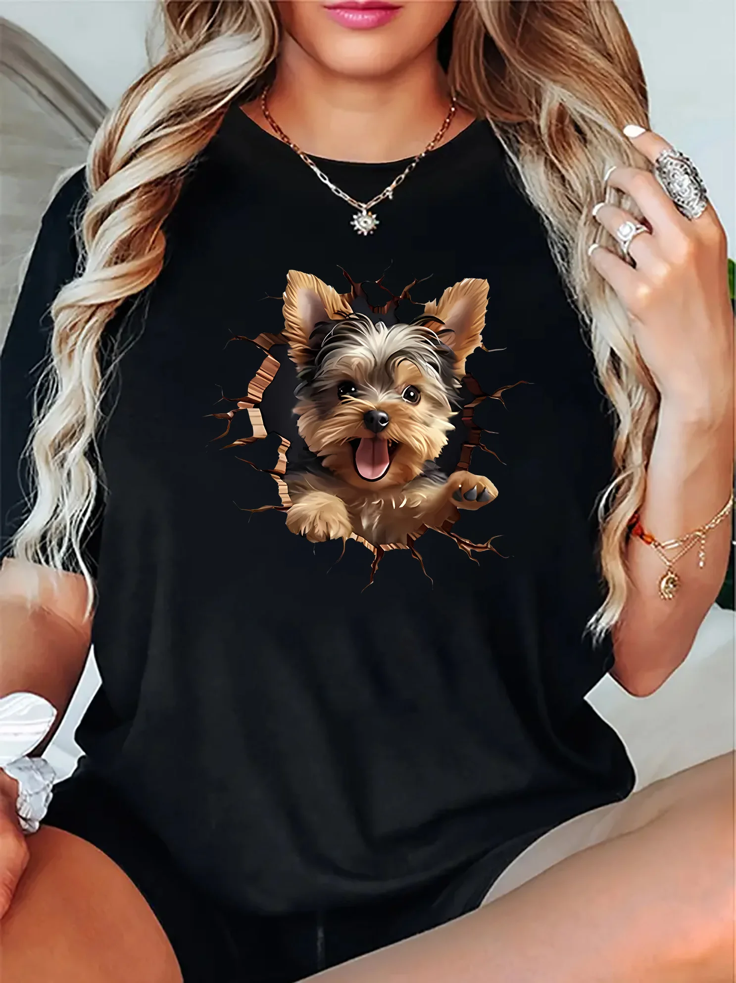 Cute Yorkie Dog Graphic Print T-Shirt for Women Casual Knit Polyester Spandex Tee Crew Neck Short Sleeve Top with Medium Stretch