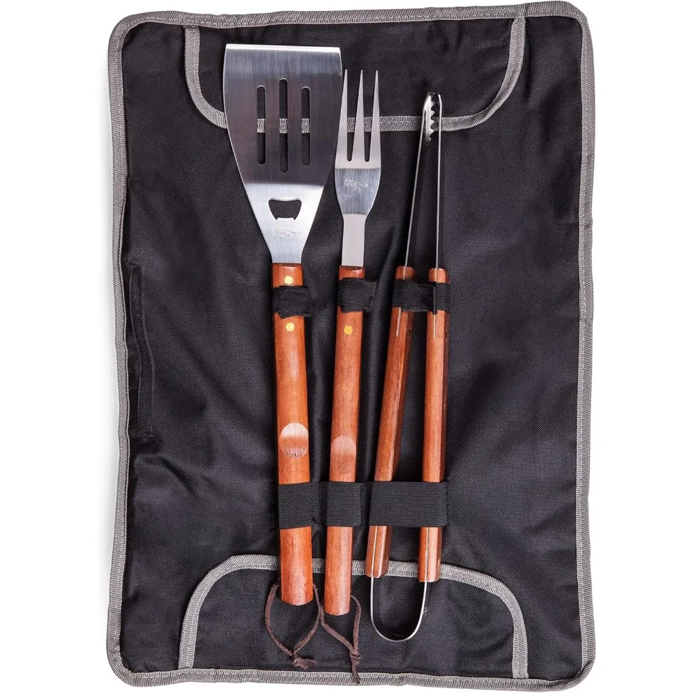 

3-Piece BBQ Tote & Grill Set with Spatula, Fork, Tongs in Black and Gray for Outdoor Cooking