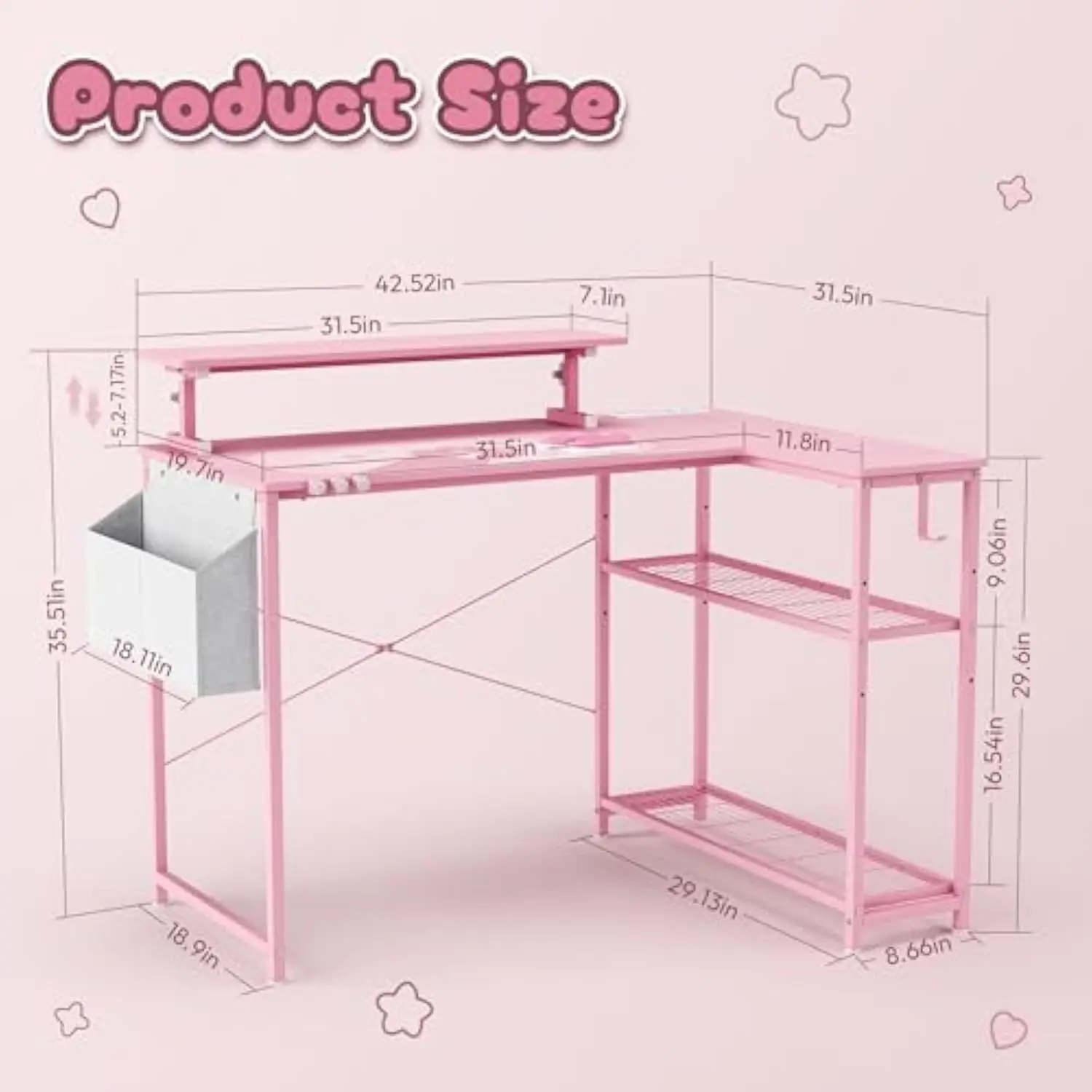 L-Shaped Gaming Desk Cute with Cat Accessories, Built-In Power Outlet, Monitor Shelf and Side Storage – Sturdy Metal Frame Fo