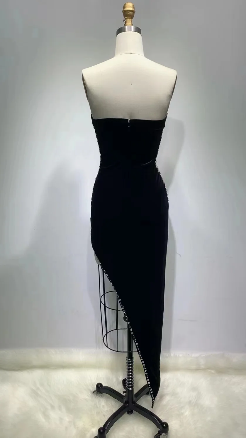 High Quality Celebrity Black Strapless Crystal Long Bodycon Velvet Dress Elegant Evening Party Dress Vestidos