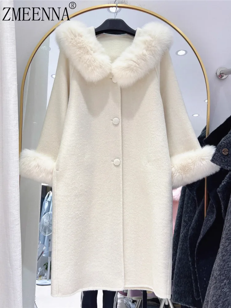 

ZMEENNA женское длинное шерстяное пальто с воротником из искусственного меха и манжетами, теплая зимняя верхняя одежда, однобортное элегантное ZM4422