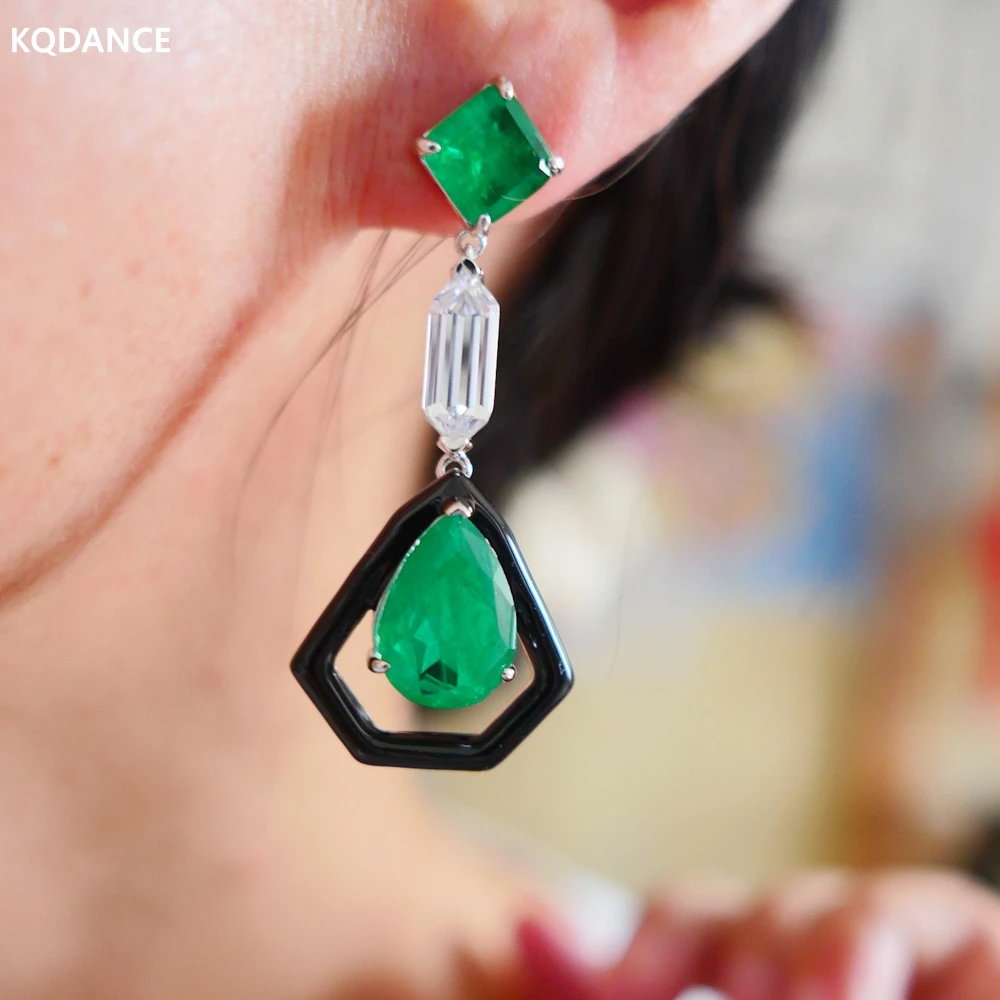 Imagem -03 - Kqdance-luxo 925 Sterling Silver Brincos Longos Dangle Geometric Lab Esmeralda Verde Pedras Teardrop Esmalte Preto Jóias