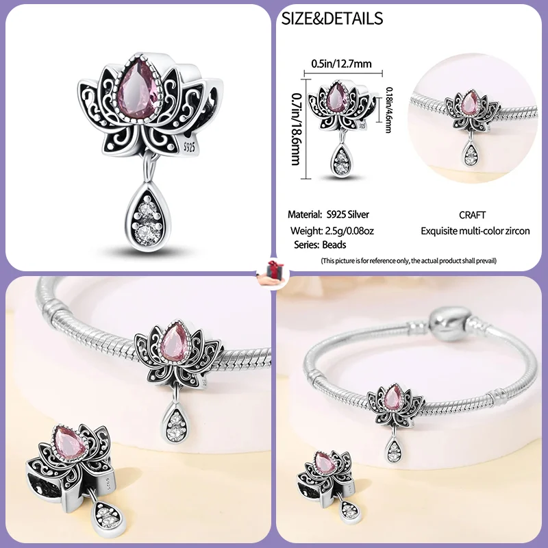 2024 New 925 Sterling Silver Luminous Color Changing Lotus Charm Beads Suitable for Charm Pandora Original Bracelet DIY Gift