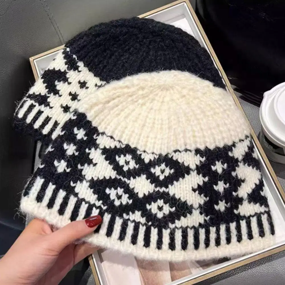 

Retro Warm Hats Useful Fisherman Hat Rhombus Printed Decor Wool Knitting Cap Winter Outdoor Items Windproof Hats Fashion Caps