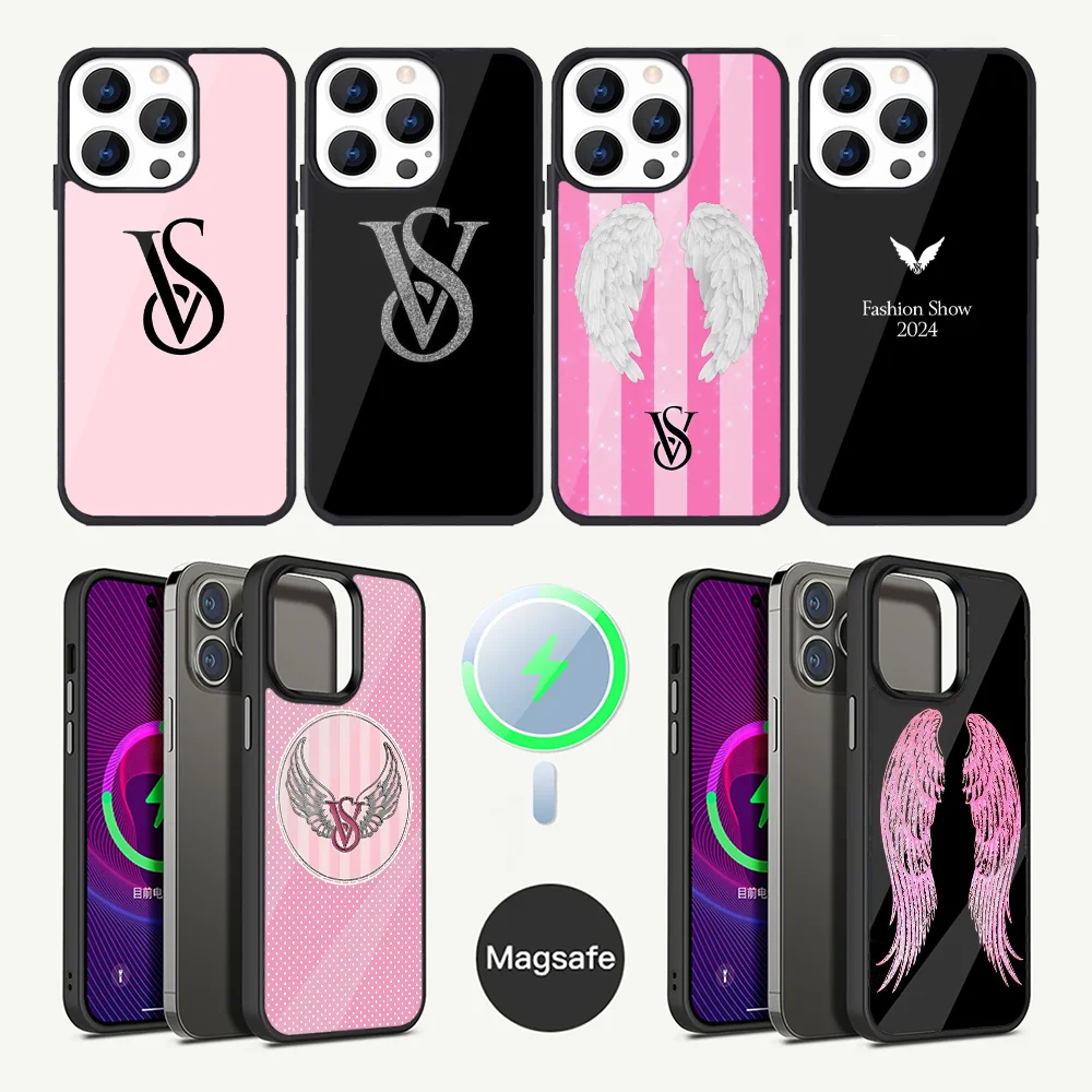 Funda de teléfono Pink Wing para iPhone 16,15,14,13,12,11,Plus,Pro,Max Mini V-VS-S V-Victoria Magsafe carga inalámbrica magnética