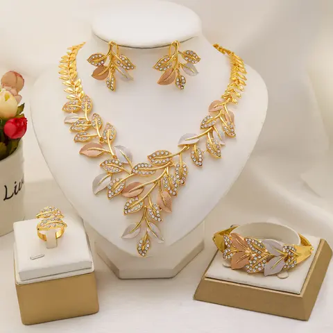 Luxury Leaf Jewelry Set for Women 24K Gold Plated Crystal Necklace Earrings Ring Bracelet African Bridal Wedding Party Jewelry