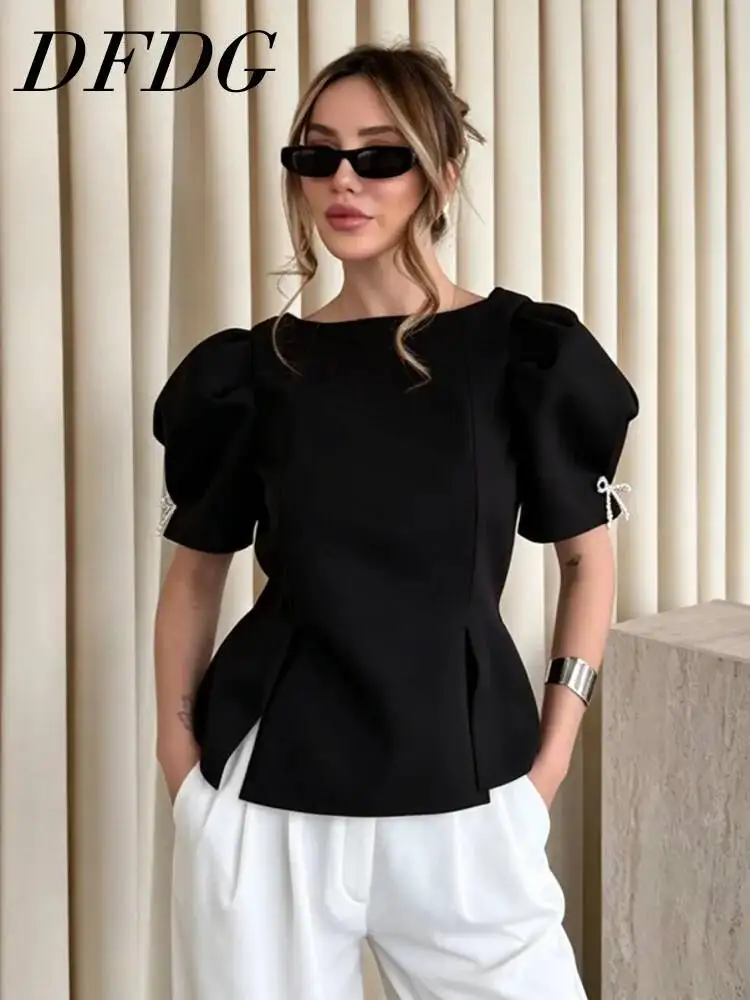 

DFDG Women 2026 Spring Summer Puff Sleeve Peplum Blouse Boat Neck Slim Waist Bow Detail Elegant Office Casual Blouse