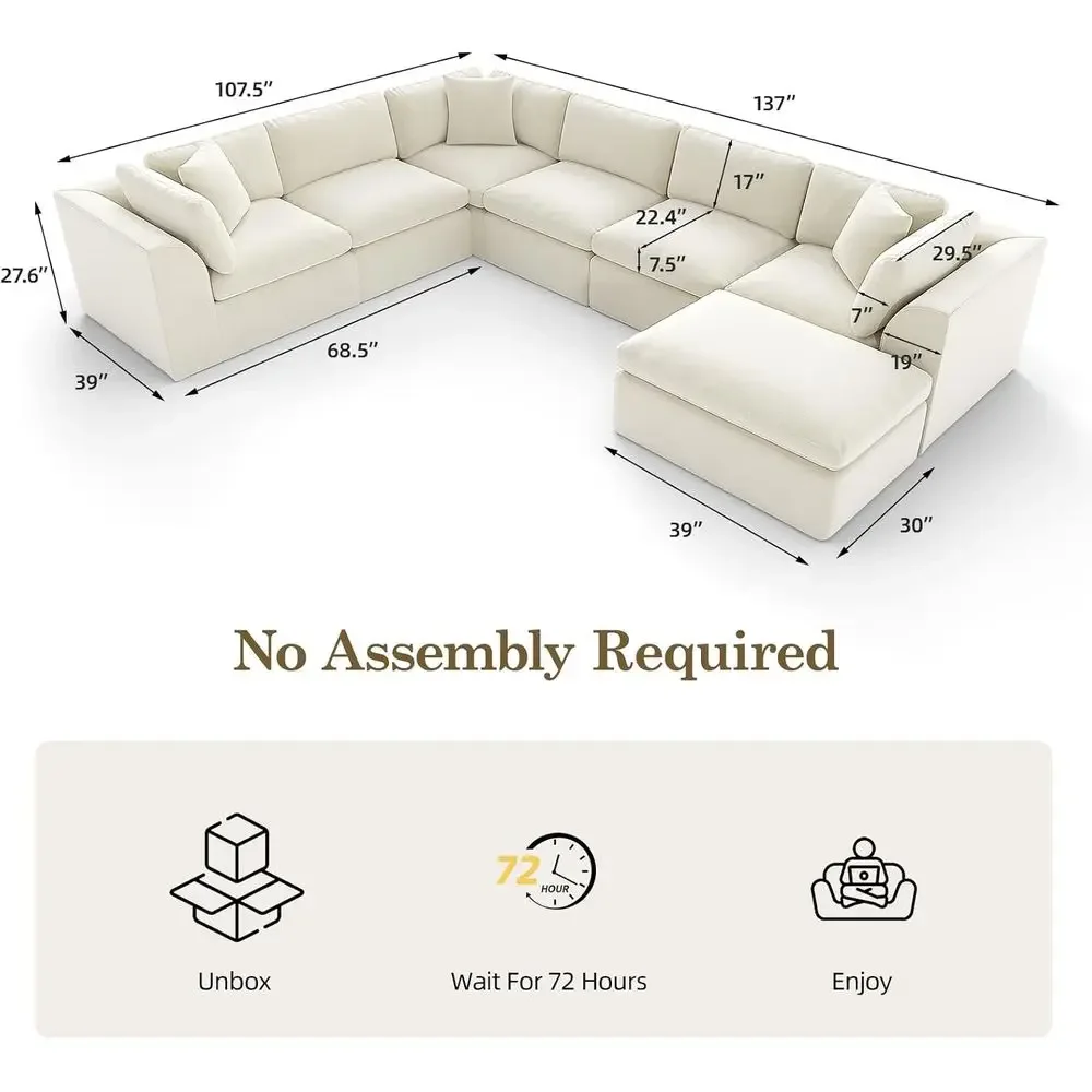 7 Seater ular Sectional Couch,ern L/haped BonelSectional Soa with Ottoman,Chenille Cloud Couches or Living Room,Beige