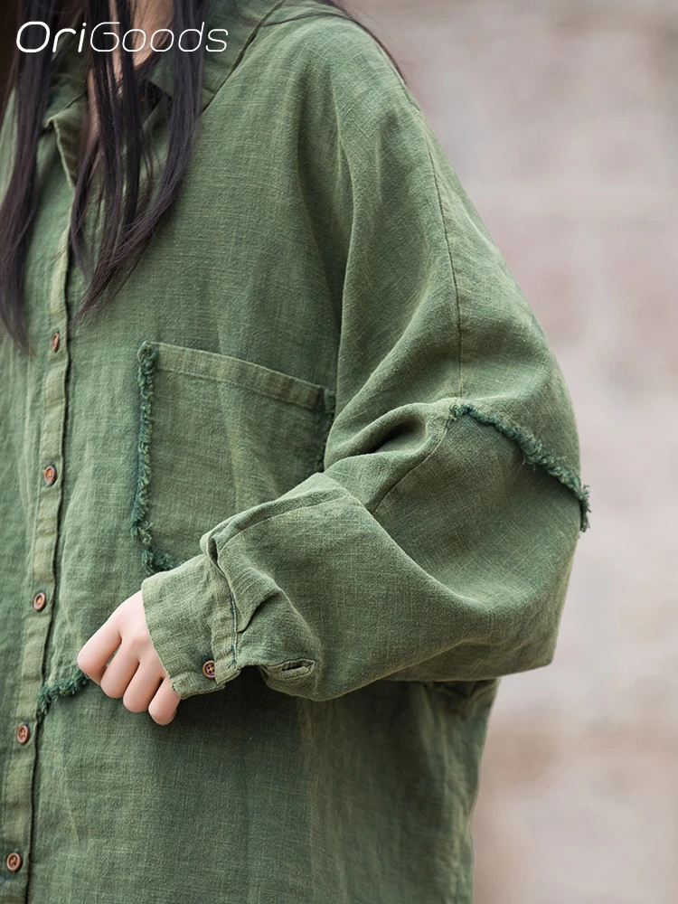 OriGoods Oversized Shirt Women Vintage Original Irregular Loose Shirts Coat Army Green Navy Oversize Mori girl Tops 2024 B136