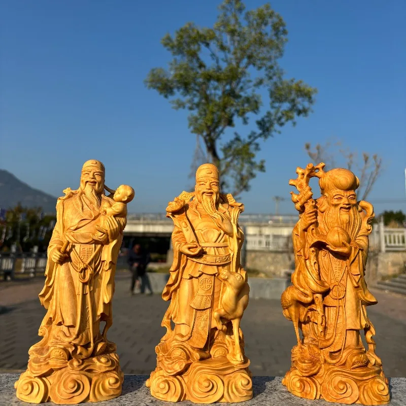 Hand-Carved Boxwood Fuk Luk Sau Statues - 7.87