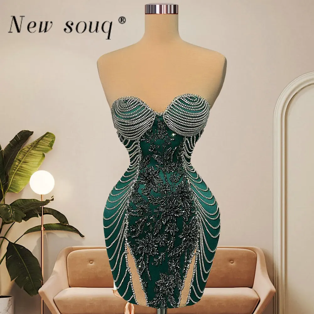 Green Sweetheart Neck Short Prom Dresses Sleeveless Couture Fashion Sliver Rhinestone Chains Fringes Mini Fitted Party Gowns