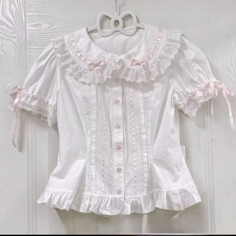 Japanese Kawaii Cute Lolita Style Shirt Women Sweet Lace Ruffles Peter Bow Pan Collar Blouses Girls Harajuku Y2k Chic Inside Top view 2