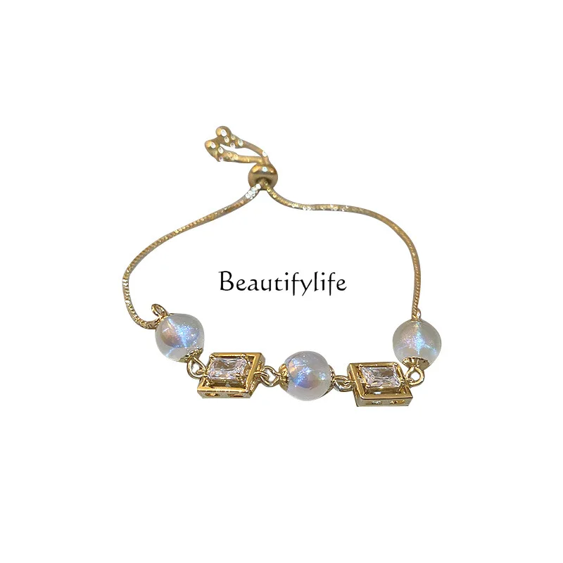 

Pearl Zircon Square Pull-out Bracelet Simple and Adjustable Bracelet Fashion Ornament