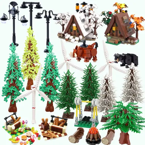 Stadt DIY Baum Set Bausteine MOC Wald Pflanze Baum Windmühle Natürliche Stadt Street View Park Schaukel Picknick Montieren Ziegel Spielzeug