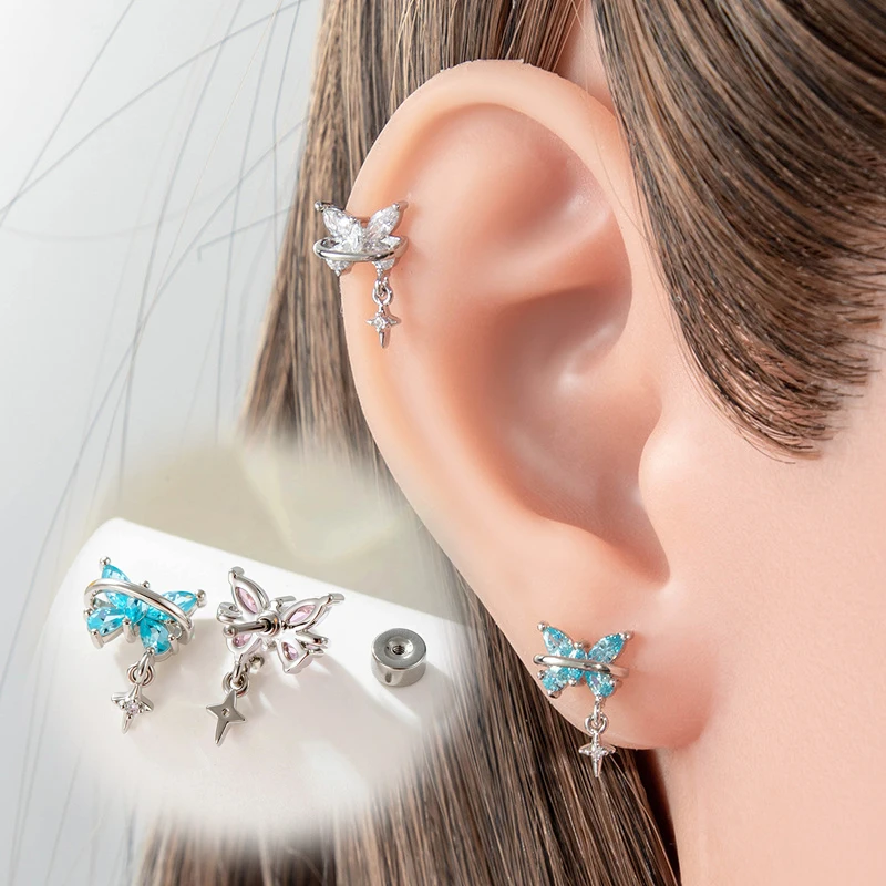 20G Butterfly Cubic Zircon Ear Stud Earrings, Hypoallergenic Titanium Cartilage Helix Conch Tragus Stackable Piercing Jewelry