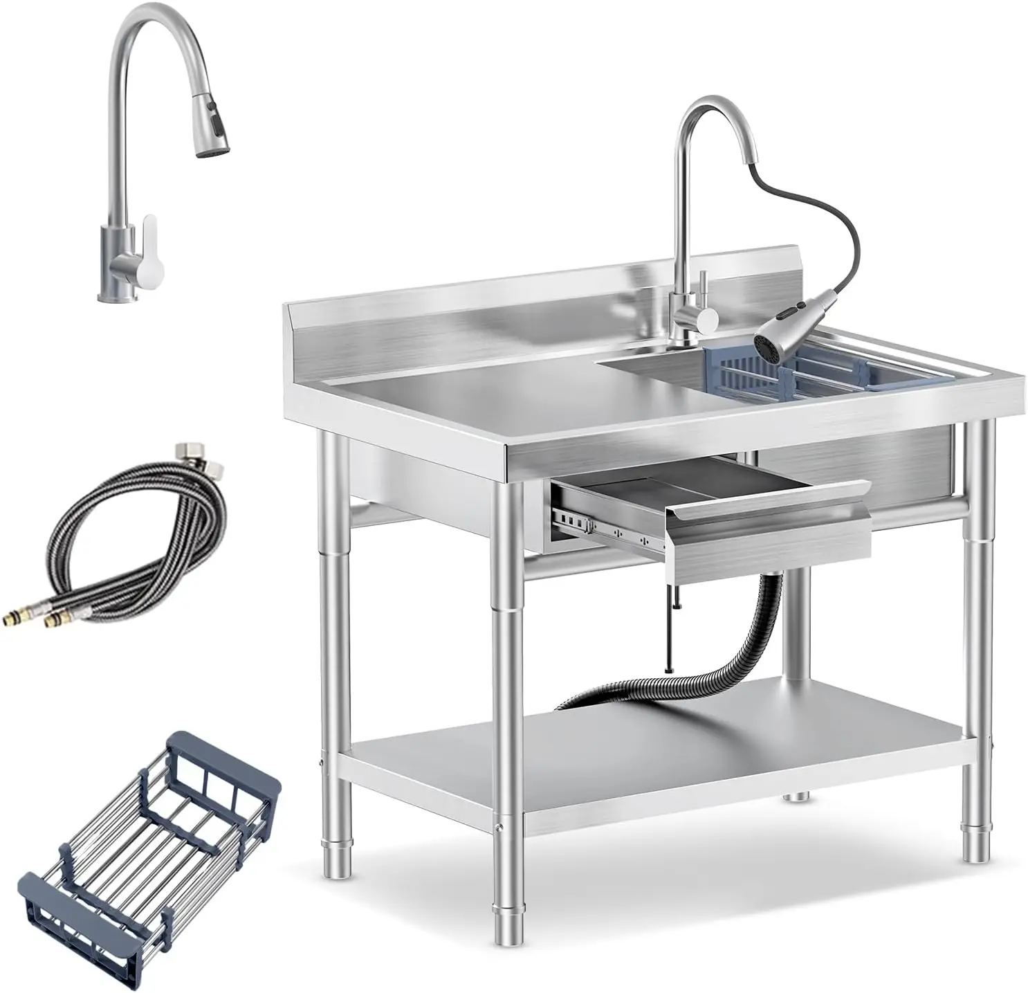 

Freestanding Single Bowl Stainless Steel Laundry Sink With Swivel Pull Out Sprayer Faucet Hot Cold Water Plumbing Workbench Draw