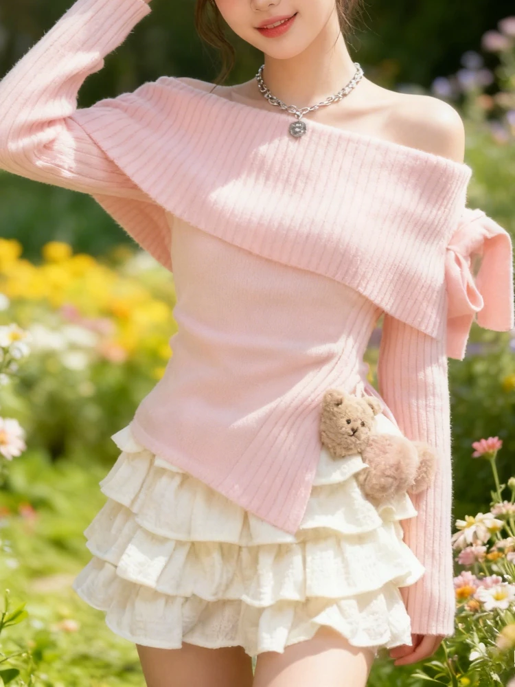 

Kawaii Sweet Slim Bow Knit Комплект из 2 предметов Женский дизайн с открытыми плечами Однотонный свитер с длинными рукавами Высокая талия Повседневная короткая юбка-тортик