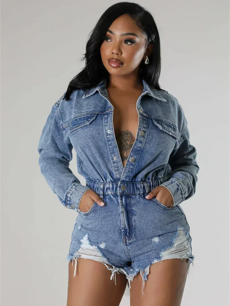 

Fashion Ripped Jeans Shorts Jumpsuits Autumn Clothes Women 2024 Full Sleeve Denim Rompers Playsuits One Pieces Overalls Outfits