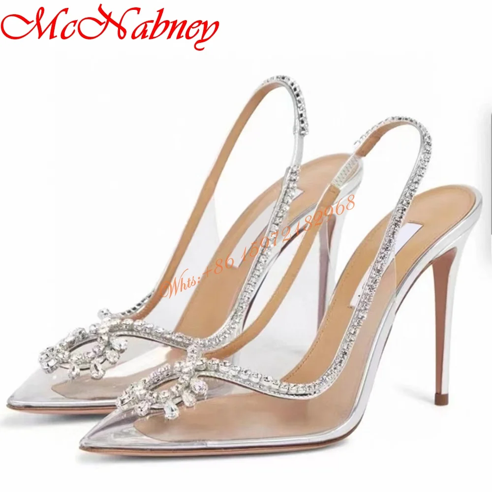 Sexy Pointy Toe Hollow Sandals Crystal Studded Solid PVC Slingback Straps Women Shoes Stiletto Heels Design Sandals Summer Party