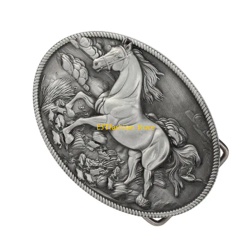 Y5GC Handcrafts Cowboy Belt Buckle With 3d Horse Embossed Pattern Belt Clasp for Women Men Jeans Pants Waistband Accessory
