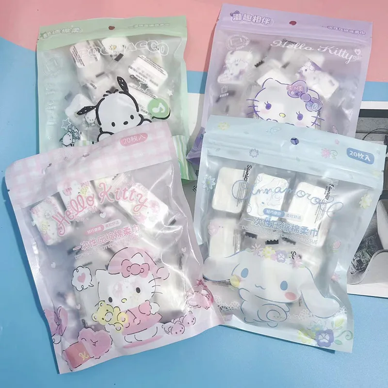 Kawaii Sanrio Compressed Towel Hello Kittys Cinnamoroll Pochacco Cartoon Anime Disposable Face Washcloth Portable Thickened Gift