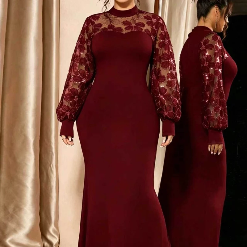 Plus Size Women's Autumn Sequins Mesh Long Sleeved Maxi Evening Dress Large Size Luxury Prom  Party Maxi Dresses Ladies Gowns