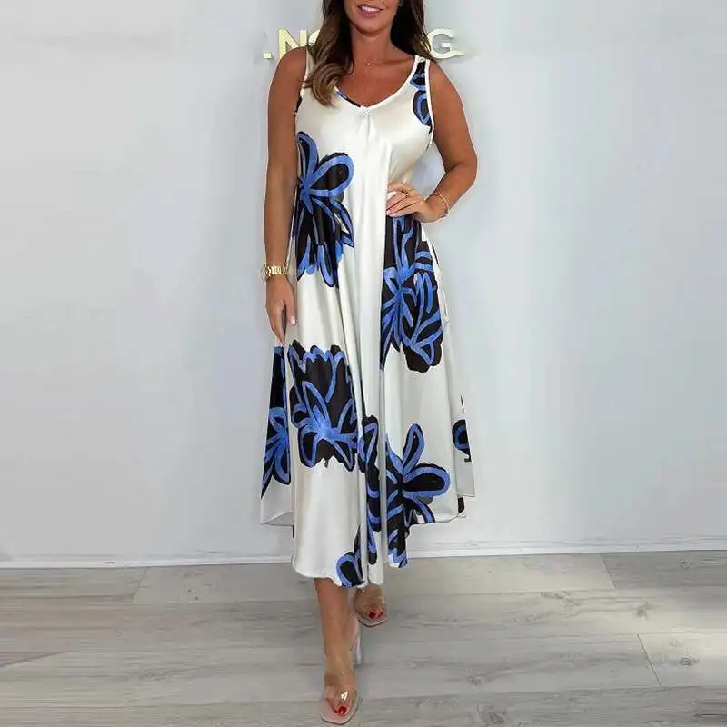 Retro Lady V Neck Hollow Sleeveless Commuting Casual Summer Printed Pocket Long Fashion Beach Bohemian Dress Vestido