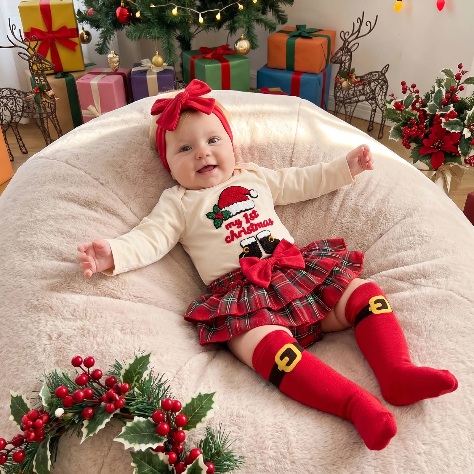 Baby Girl Christmas Outfit Romper Plaid Ruffled Shorts Headband Stockings