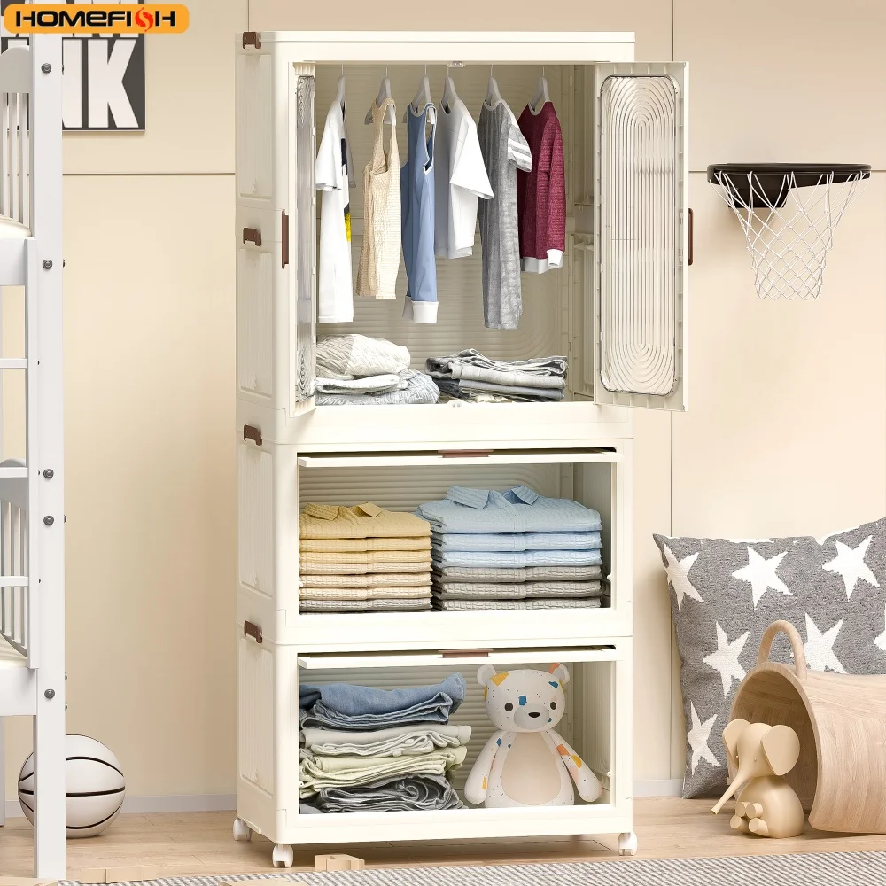 Organizzatore portatile per armadio guardaroba per vestiti, cassettiera, porte magnetiche con 4 cubi e asta per appendere, 10 grucce