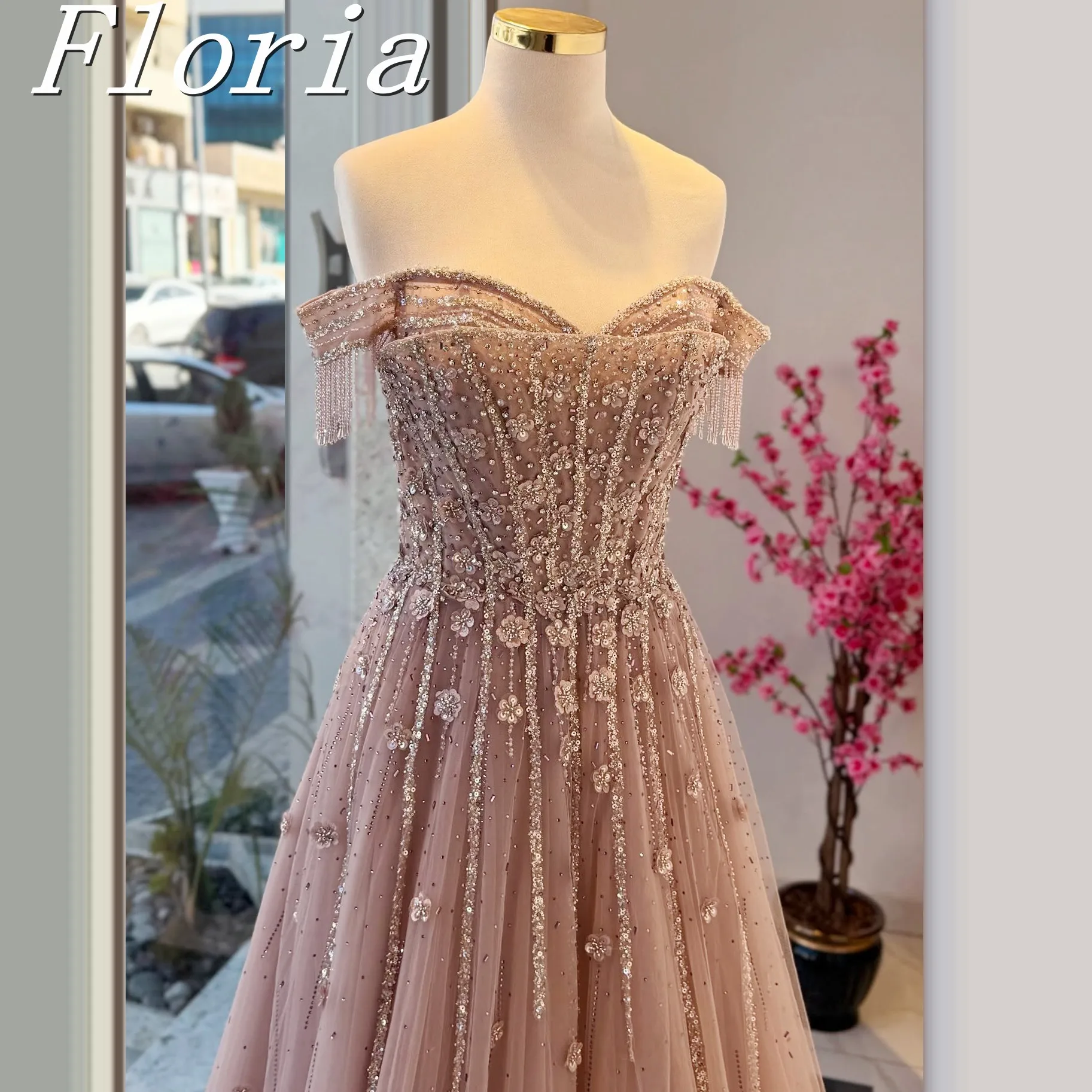 

Customized Luxury Off the Shoulder Evening Dress With Tassels Sleeves Sparkly Beaded Pearls Bride Robe Elegant Floor-length
