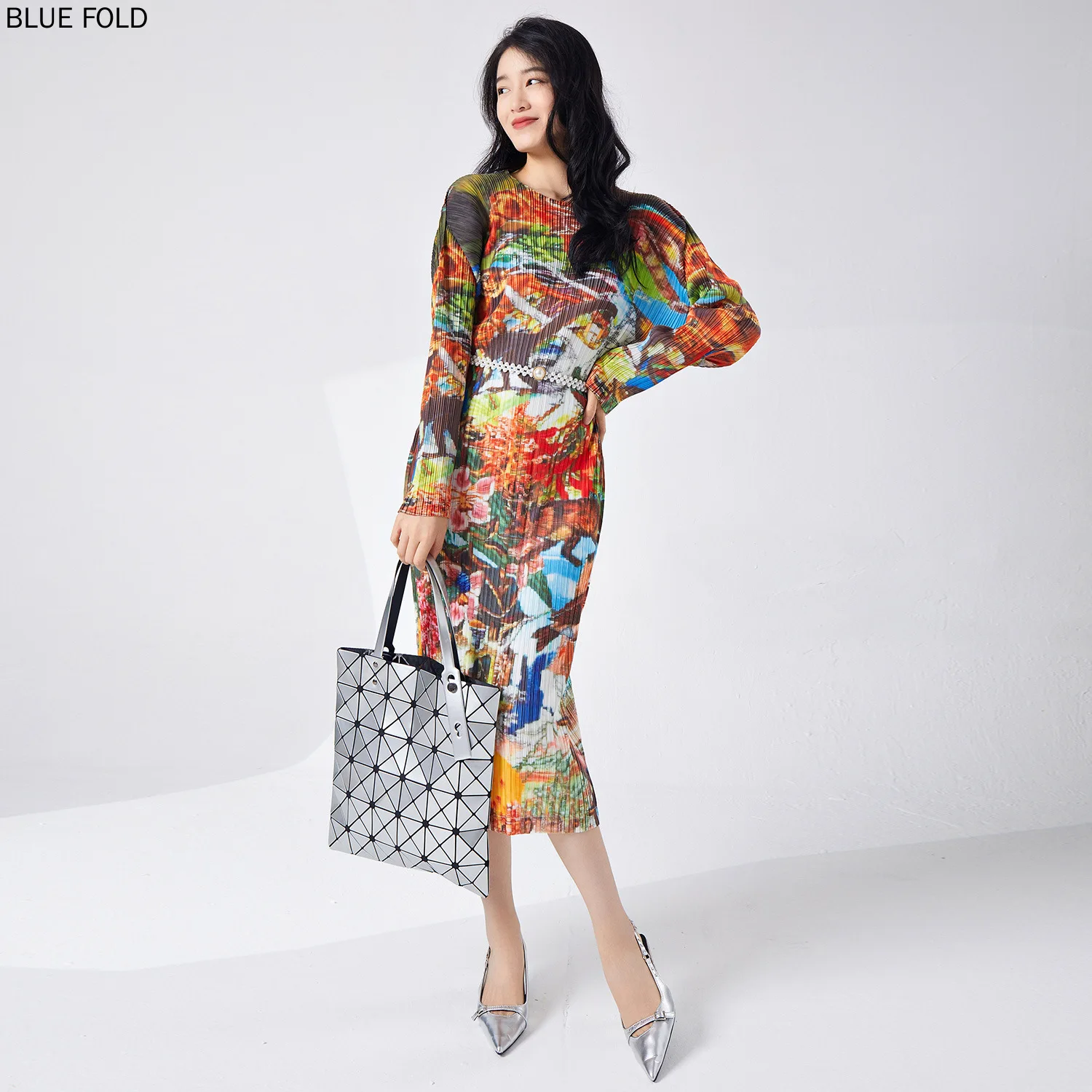 Miyake PLEATS Spring Women's Mid-Length Printed Round Neck Long Sleeve Fashion High-End Casual Versatile One-Step Dress Elegant