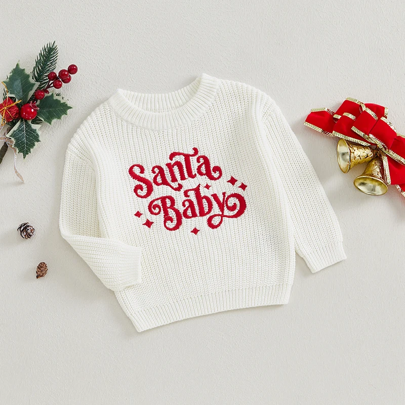 Baby Boy Girl Christmas Sweater Letter Embroidery Long Sleeve Crew Neck Pullover Knit Tops for Fall Winter