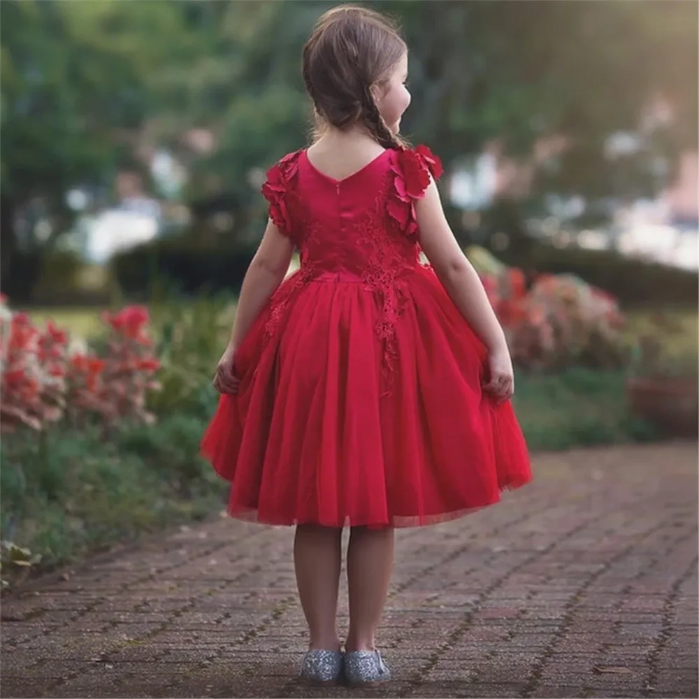 

Cute Red Flower Girl Dress for Wedding Appliques V-Neck Pleated Dress Princess Birthday Party Dress Holy Communion Customized