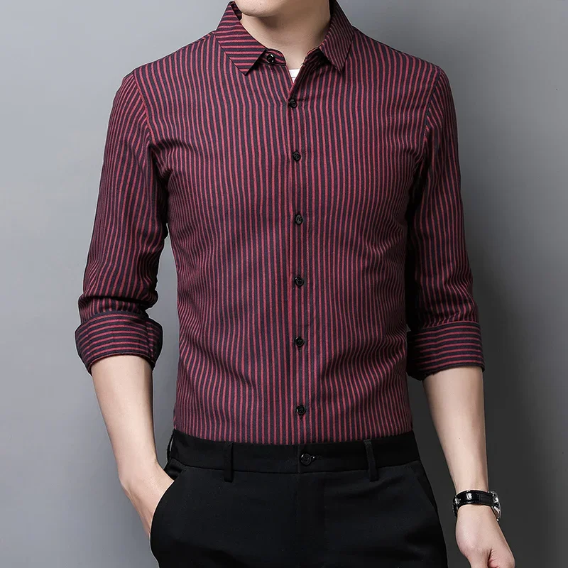 Pinstripe Gents Casual Shirts Blue Grey Business Work Office Wear Claret Red Big Size Blouse Gentleman Stylish Clothing Mens Top