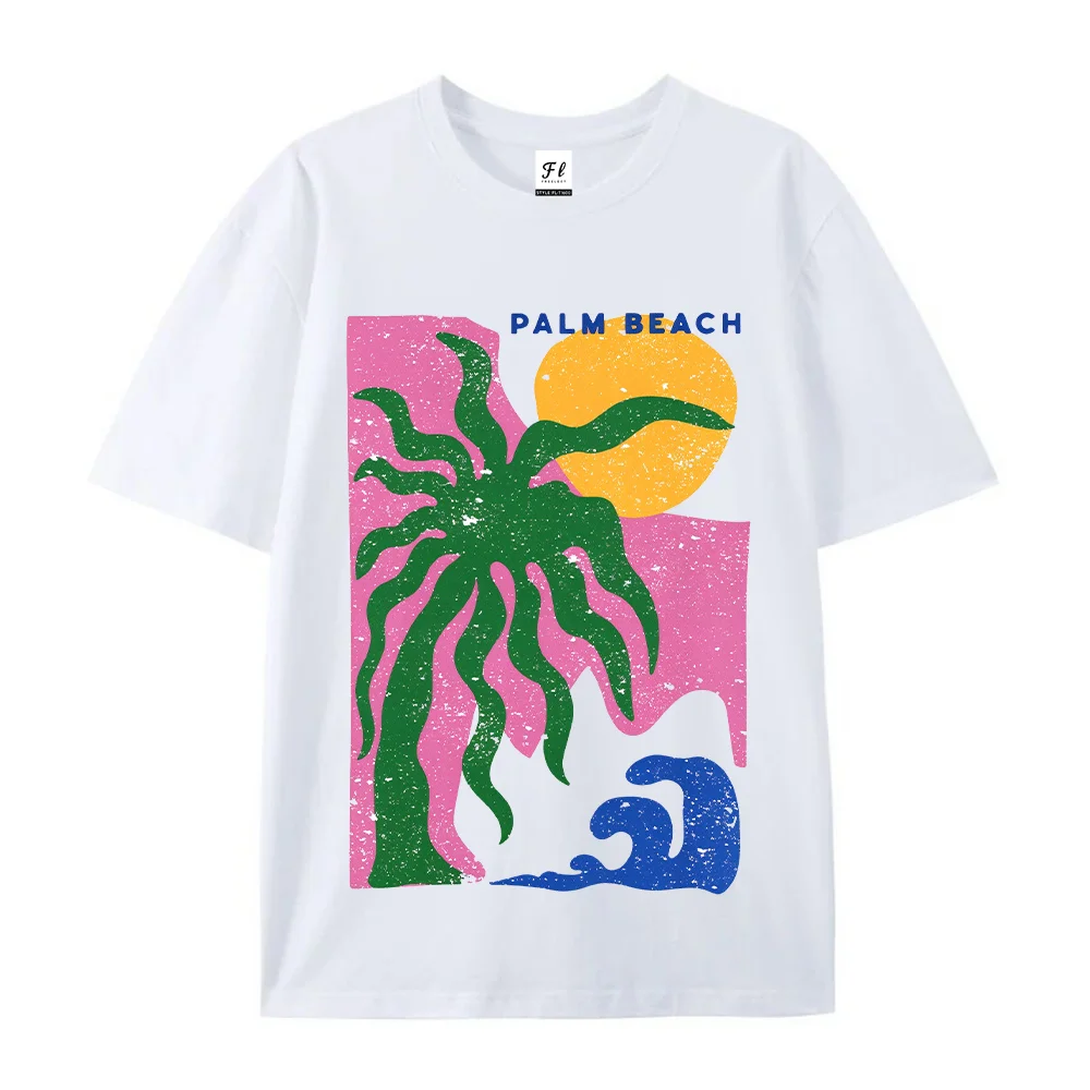 Women Palm Beach Retro Sunset Print T Shirt Vintage Tropical Palm Tree Graphic Tee Summer Short Sleeve Top Casual Fashion