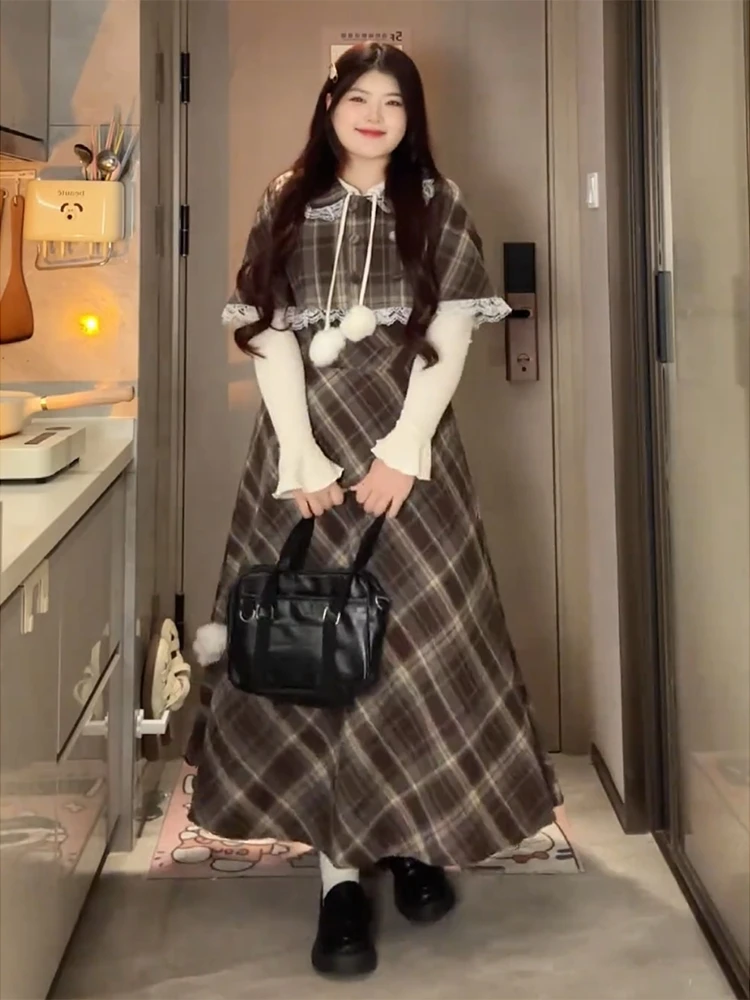 Women's Skirt Set Retro Plaid Lace-trimmed Lace-up Cape Top High-waisted Casual Slim A-line Maxi Skirt French Luxury Trendy wear