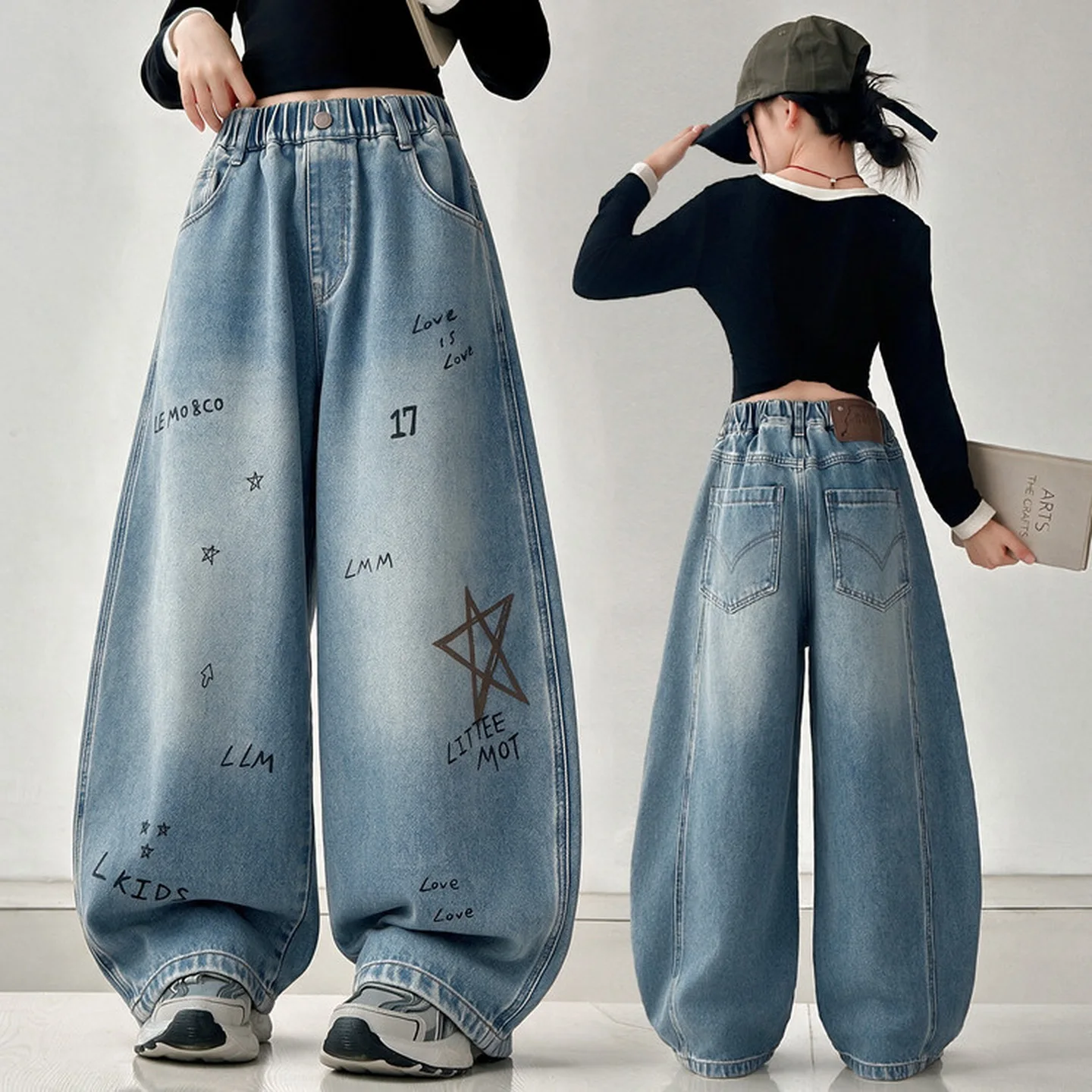 Children Fashion Autumn Curved Jeans for Tweens Girl Luxury Wide Leg Denim Pants Kids Loose Casual Trousers with Letter Pattern