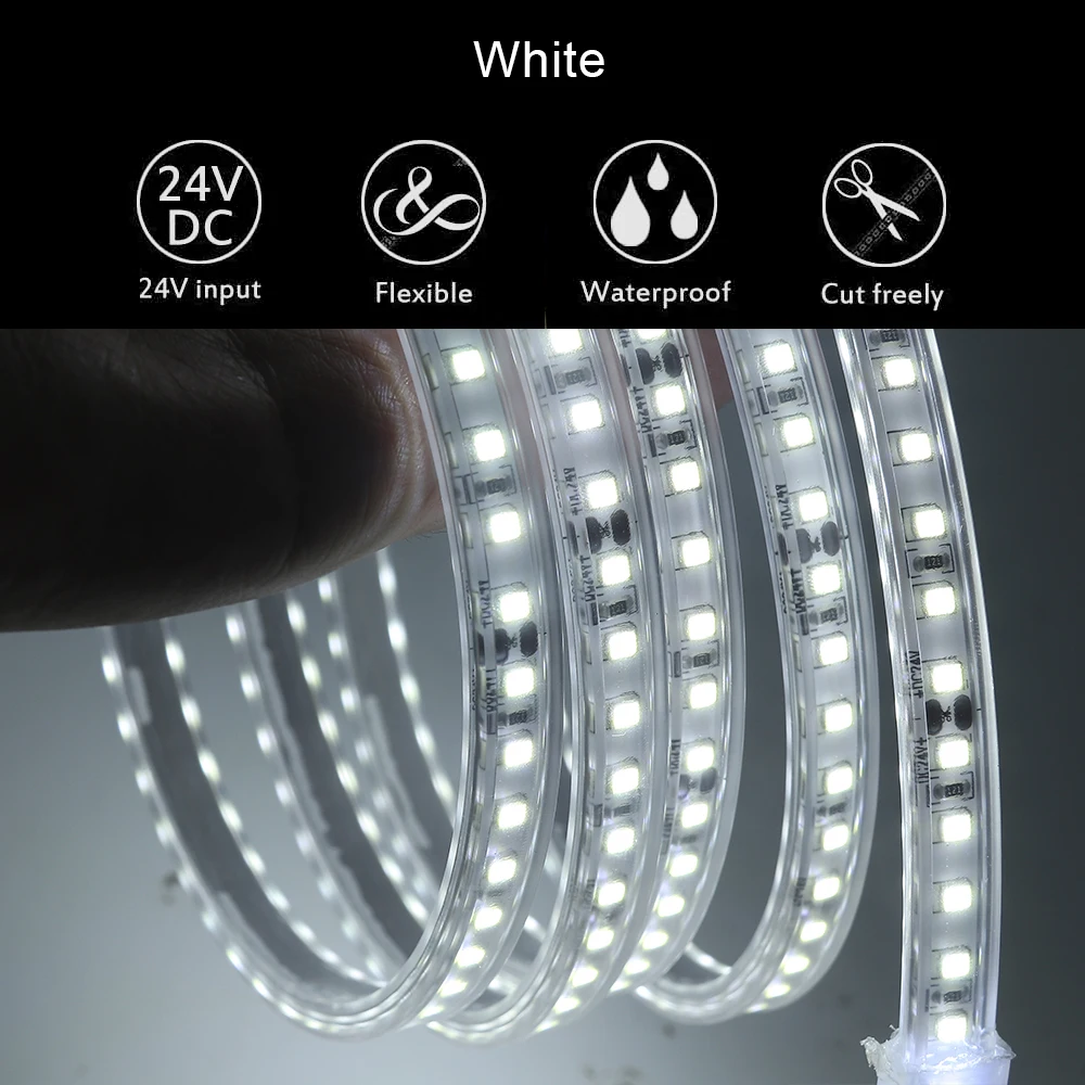 SMD2835 LED 스트립 조명, 유연한 LED 테이프 리본, 120LED/m, IP67 방수 스트라이프 스트링, 화이트, 내추럴 화이트, 4000K/웜, 12V, 24V