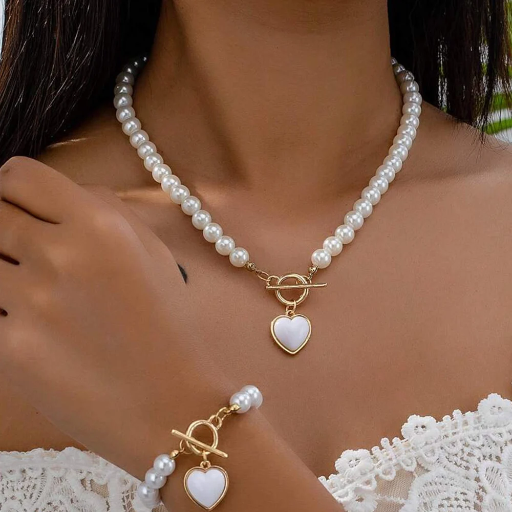 3 PCS Set Pearl Effected Rose Charm Imitation Pearl Necklace Bracelet Earring Stud Set Heart Pendant Necklace Jewelry Set Gift image 2