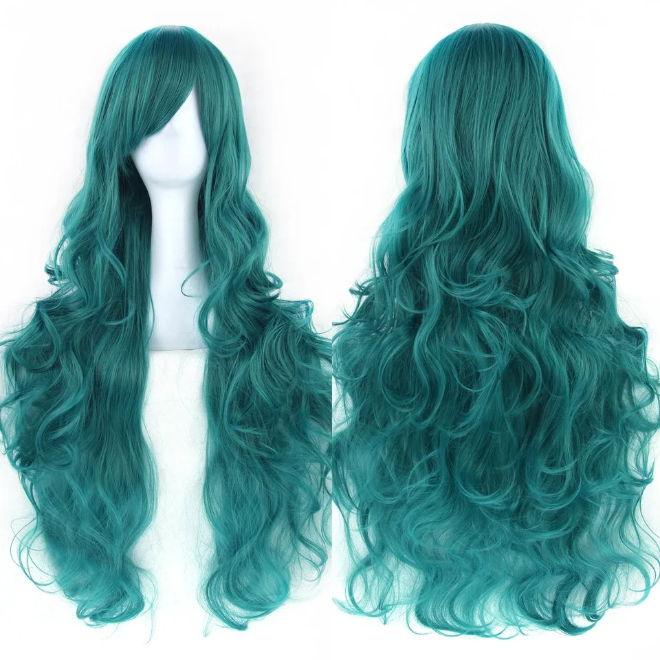 Peluca de cabello sintético rizado largo verde con flequillo rosa y negro para fiesta, cosplay para mujer 3