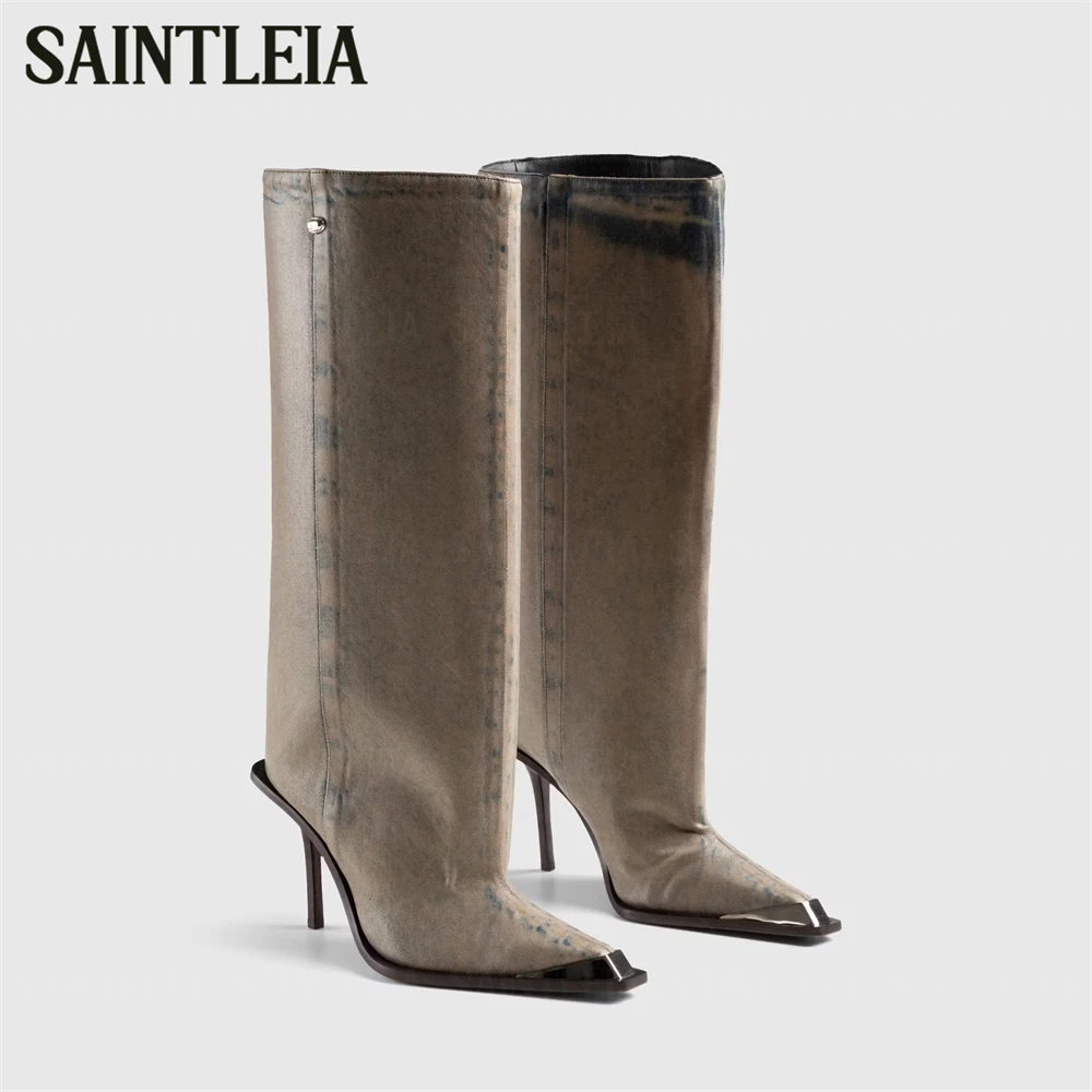 

Metallic Cap Pointed Toe Boots Silver Tone Punk Style Stiletto Boots Reinforced Toe Slip on Style Handmade Women Knee High Boots