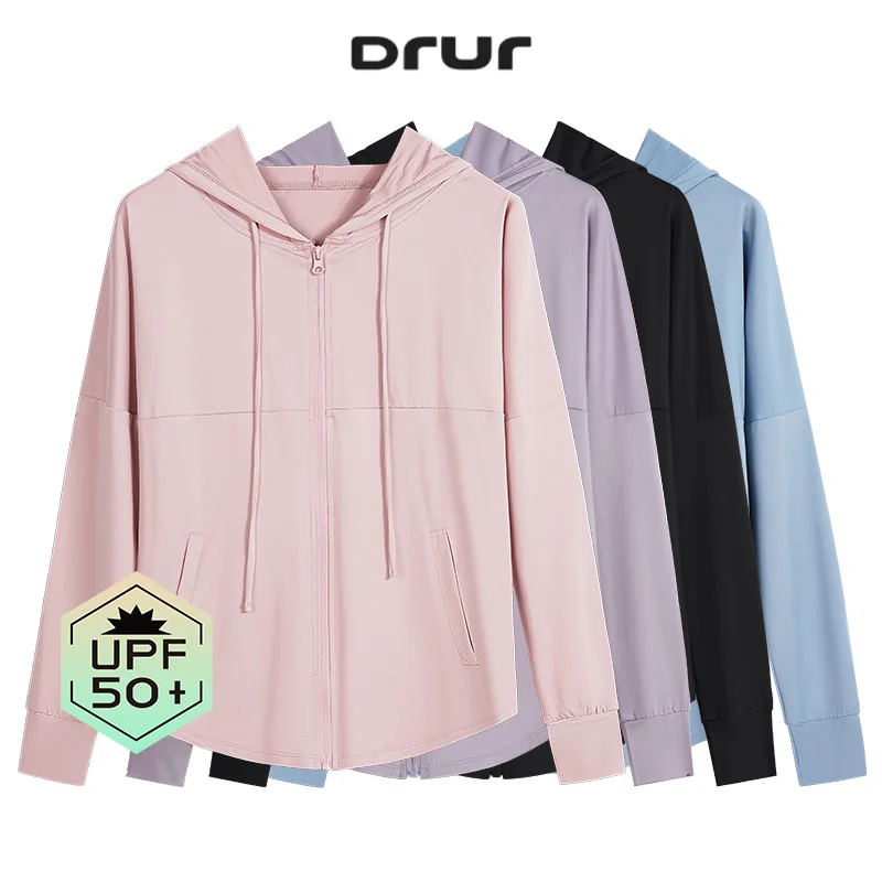 DRUR UPF 50+ Hooded Running Jacket Sun Protection Full Zip Long Sleeve Lightweight Gym Shirt Quick Dry Hiking Yoga Coat Autumn
