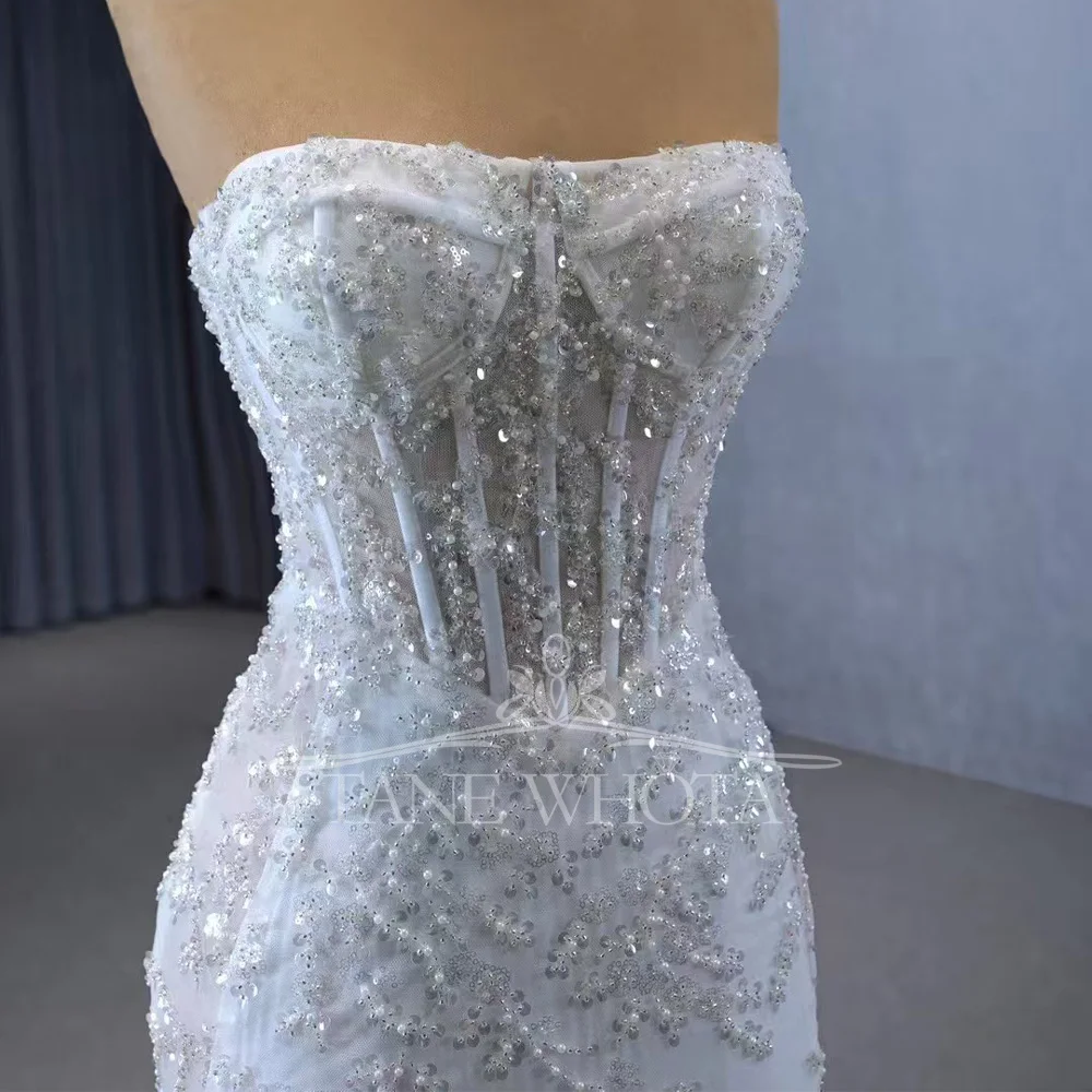 맞춤형 스트랩리스 탈부착 슬리브 레이스업 백 비딩 스팽글 시스 스타일 웨딩드레스