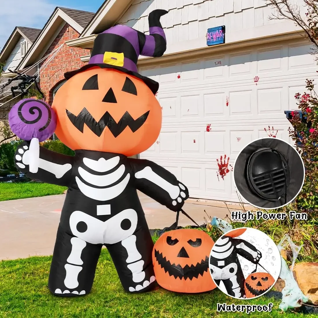 6FT Luminous Halloween Inflatable Pumpkin Skull Body Outdoor Decorations Blow Up Yard Pumpkin for Garden Lawn Party Decor