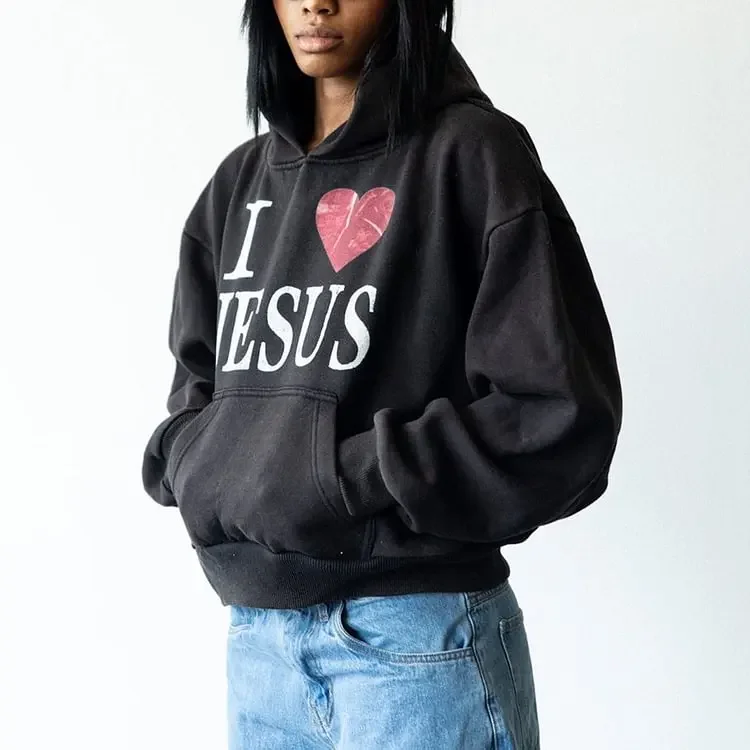 2024 autumn new pure cotton wash printing I Love Jesus Print Graphic Black Acid Washed Pullover Hoodie Hoodie  hoodies