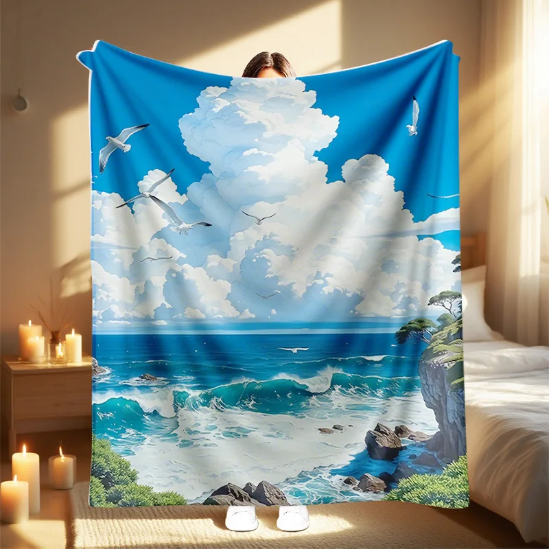 1pc Ocean Print Blanket - All-Season Soft Bedspread & Throw with Turquoise Blue Seascape Design Tides, Waves, Seagulls