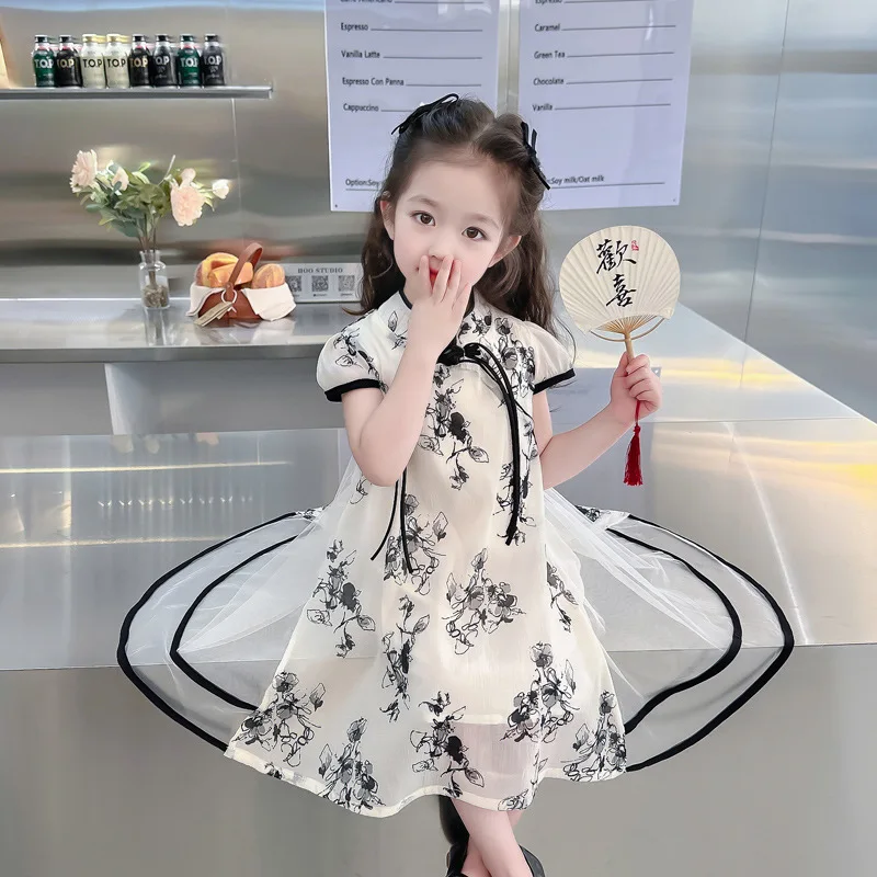 Lovely Girls Cheongsam Hanfu Clothing Kids Chiffon Tangsuit Children Party Outfits Qipao Wedding Dress Costume Gift