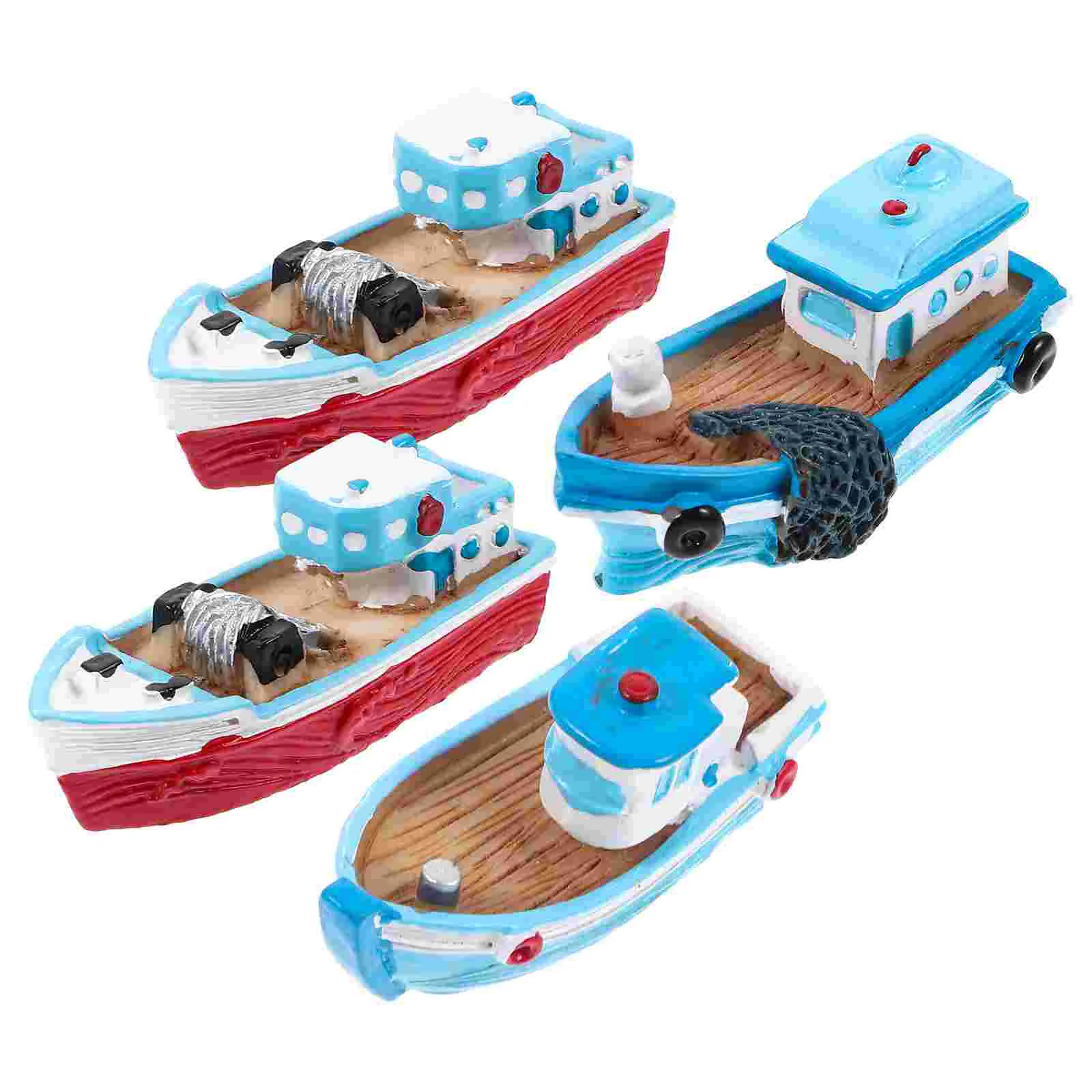 

4 Pcs Fishing Boat Ornaments Toy House Ship Adornment Miniature Resin Decor Office